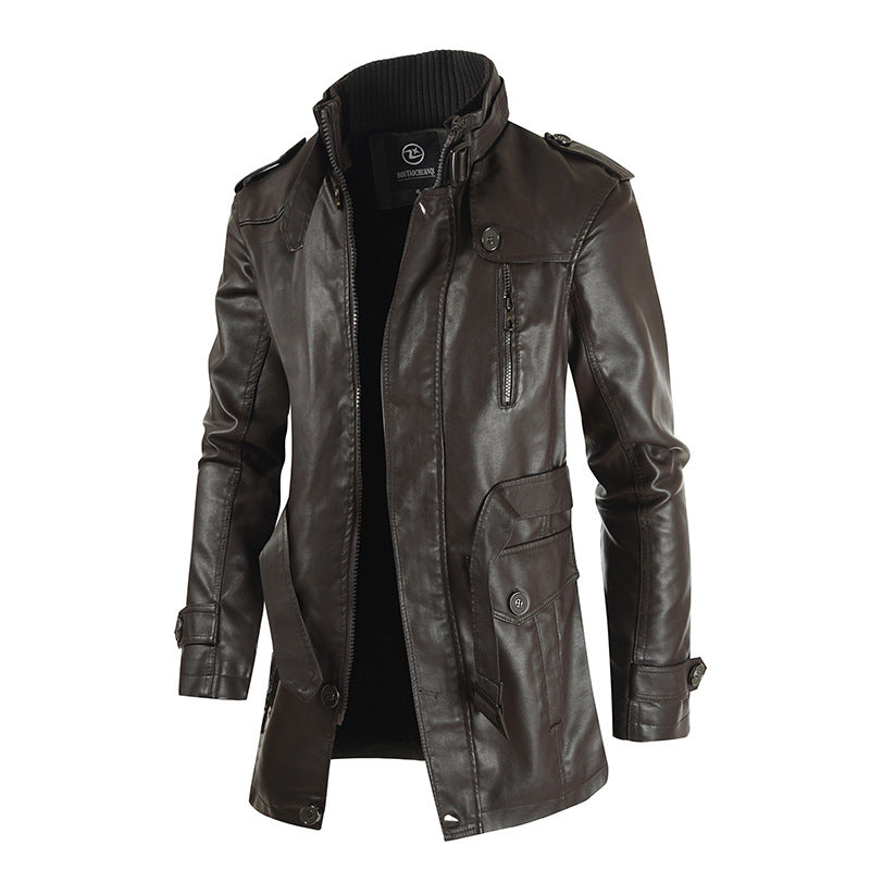 Men's Mid-length Stand-up Collar Slim Large Size Leather Trench Coat