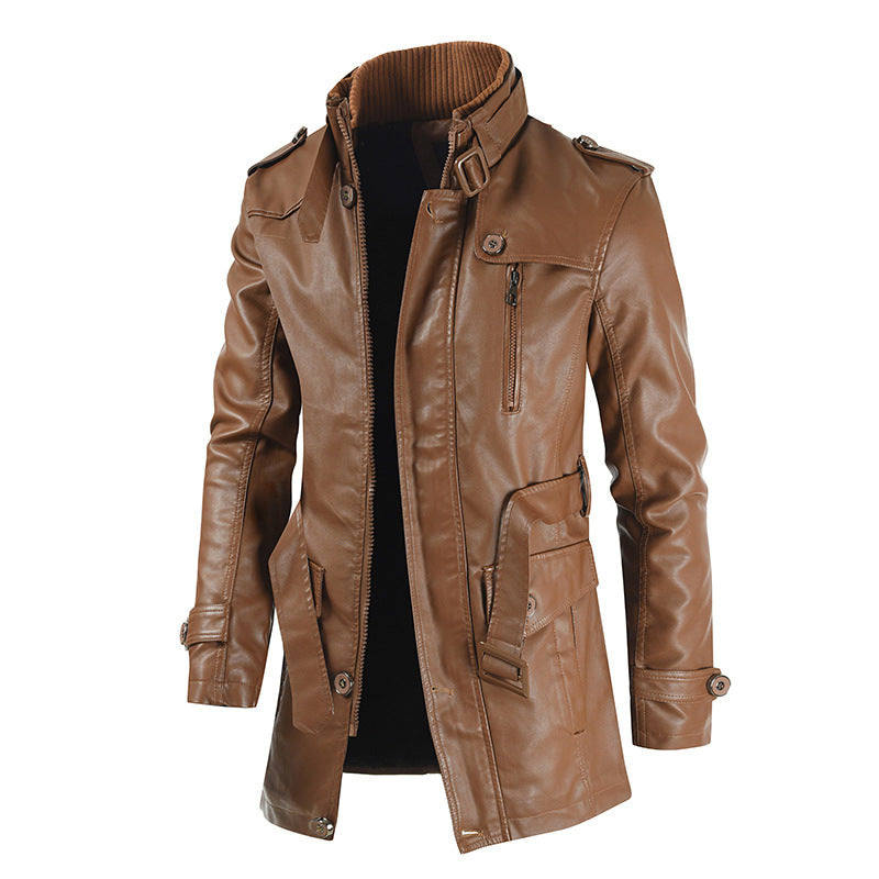 Men's Mid-length Stand-up Collar Slim Large Size Leather Trench Coat