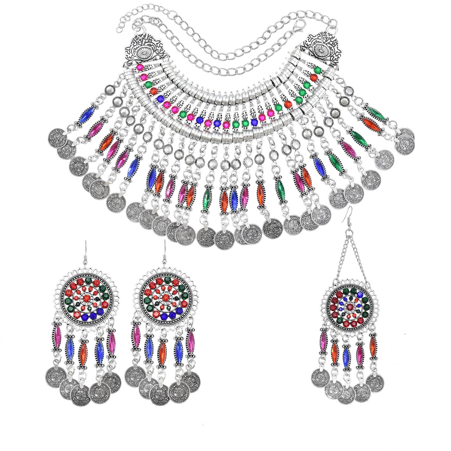 Colorful Crystal Bead Coin Ethnic Choker Necklace Afghan Traditional Jewelry Sets